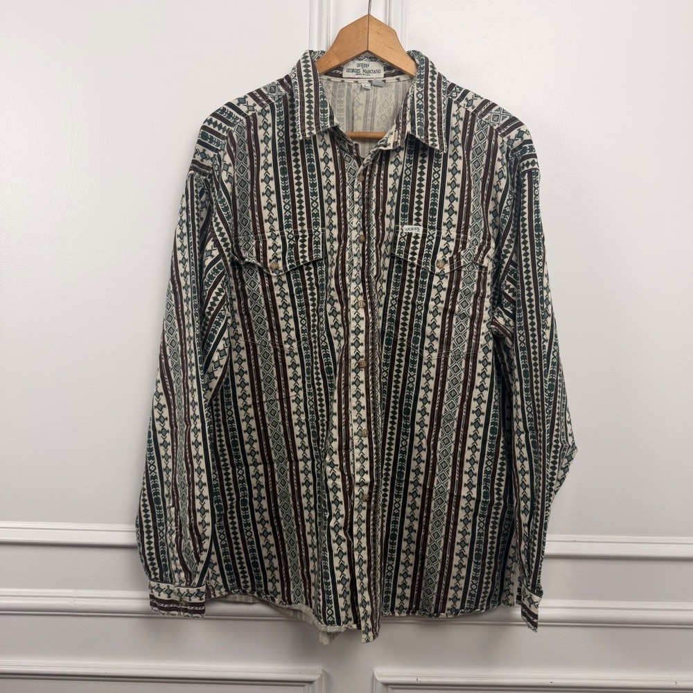 Vintage Guess Georges Marciano Mens Tribal‎ Southwestern Button Down Shirt Large